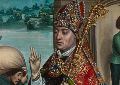 Detalhe do Milagre do Grão, do Altar de São Nicolau, c.1486-93 (óleo sobre painel) de Master of The Legend of St. Lucy