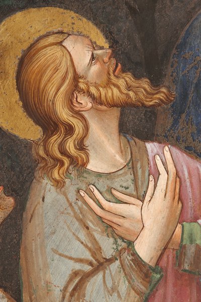 "Assunção da Virgem" e "a Virgem Maria deixando cair a cinta ou cinto sagrado a São Tomás", Detalhe de um apóstolo, c.1420 (fresco) de Master of Vignola