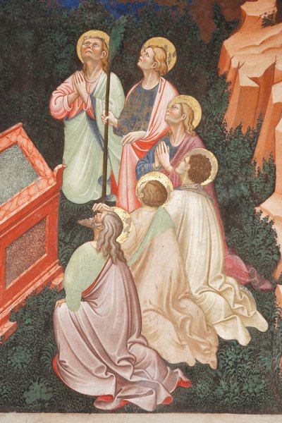 "Assunção da Virgem" e "a Virgem Maria deixando cair a cinta ou cinto sagrado a São Tomás", Detalhe dos apóstolos, c.1420 (fresco) de Master of Vignola