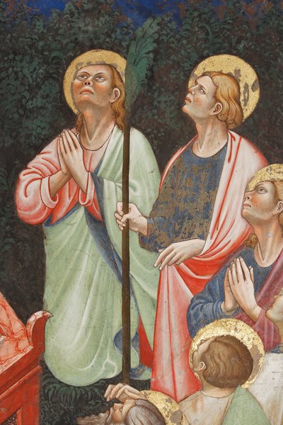 "Assunção da Virgem" e "a Virgem Maria deixando cair a cinta ou cinto sagrado a São Tomás", Detalhe dos apóstolos, c.1420 (fresco) de Master of Vignola
