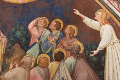 "A Ascensão de Cristo", Detalhe com figuras masculinas e santos, c.1420 (fresco) de Master of Vignola