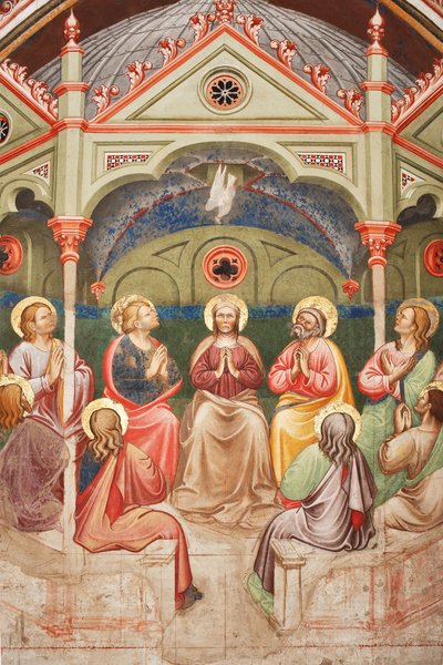 "O Pentecostes", Detalhe com santos rezando e Virgem Maria, e a pomba, c.1420 (fresco) de Master of Vignola