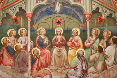 "O Pentecostes", Detalhe com os santos orantes e a Virgem Maria, e a pomba, c.1420 (fresco) de Master of Vignola