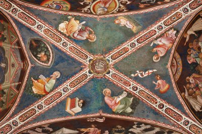 Vista da abóbada com fresco representando os quatro Evangelistas, os três enfrentados Trindade e a Árvore da Vida, o Cordeiro Místico, a bênção Menino Jesus na manjedoura e o Cristo Ressuscitado, A Capela de Contrari, Forte de Vignola, c.1420 (foto) de Master of Vignola