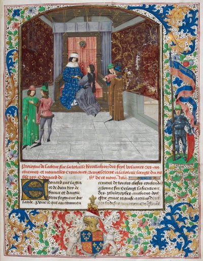 Eduardo IV entronizado, vestindo a ordem do Tosão de Ouro, recebendo o livro de Jean Wavrin, de 