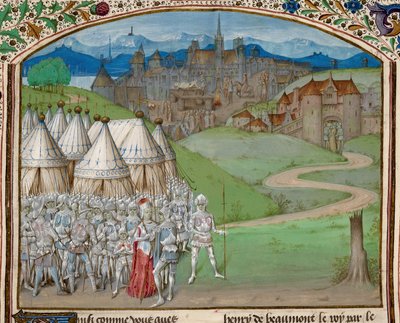 Real 15 E. IV f.316v Rainha Isabel e seu exército com o esquartejamento do corpo de Hugh le Despenser ao fundo, ilustração de 