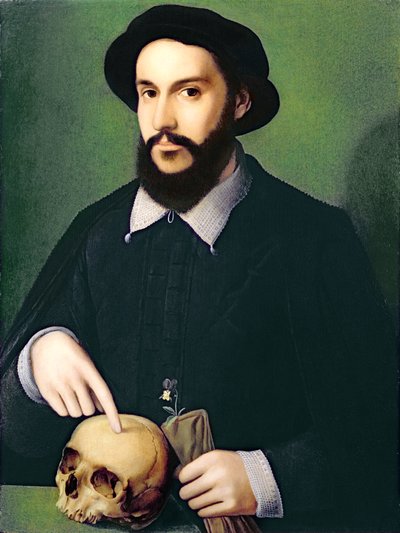 Retrato de um cavalheiro com a mão direita apontando para um crânio, c.1540 de Master of the 1540s