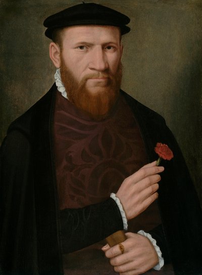 Retrato, homem, direita, segurando, vermelho, cravo, esquerda, luva de Master of the 1540s