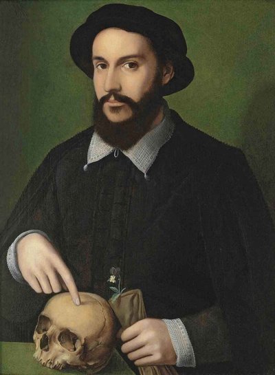 Retrato de um homem a apontar para uma caveira de Master of the 1540s