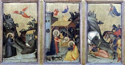 Os Estigmas de São Francisco, A Natividade e a Conversão de São Paulo (tempera no painel) de Master of the Accademia Misericordia