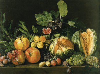 Romãs, melões, uvas, pêssegos, figos e outras frutas em uma borda de pedra de Master of the Acquavella Still Life