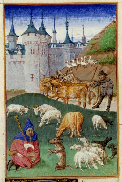 Animais de quinta e tocadores de gaita de foles Miniatura tirada de "The Rustican or Book of Country and Rural Profit" de Pietro de Crescenzi (Pedra Crescente ou Pedra Crescens) (1233-1320), alistada pelo Mestre do Boccace de Geneve chamado Colin d