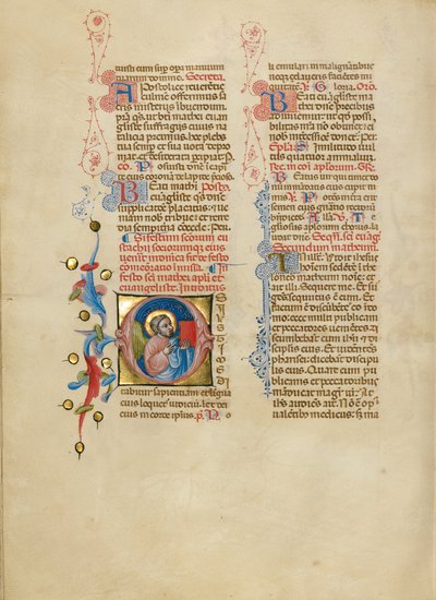 Inicial O: O anjo de São Mateus segurando o seu Evangelho de Master of the Brussels Initials