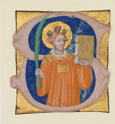 Iluminação do manuscrito com Santo Estêvão em um S inicial, de um antifônico, ca. 1410-20. de Master of the Brussels Initials