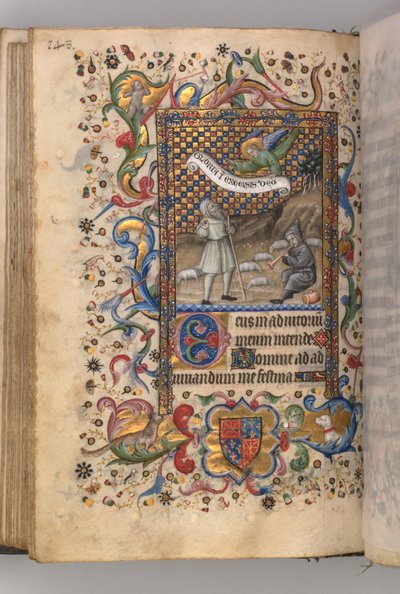 Horas de Carlos Nobre, rei de Navarra 1361-1425: Anunciação aos pastores ... verso, c1 de Master of the Brussels Initials and Associates