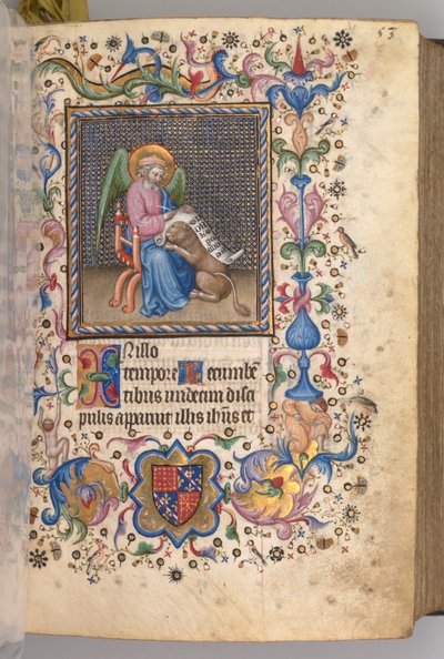 Horas de Carlos Nobre, rei de Navarra 1361-1425: fol. 27r, São Marcos, c. 1405 de Master of the Brussels Initials and Associates