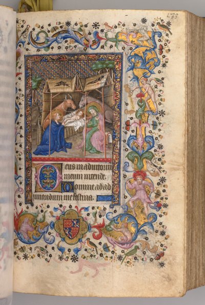 Horas de Carlos Nobre, rei de Navarra 1361-1425: fol. 67r, Natividade Prime, c. 1405 de Master of the Brussels Initials and Associates