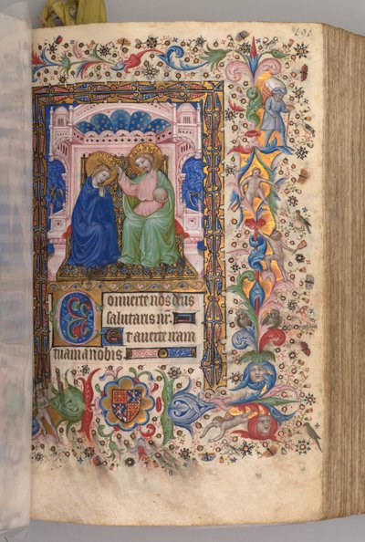 Horas de Carlos Nobre, rei de Navarra 1361-1425: fol. 96r, Coroação da Virgem ..., c. 1 de Master of the Brussels Initials and Associates