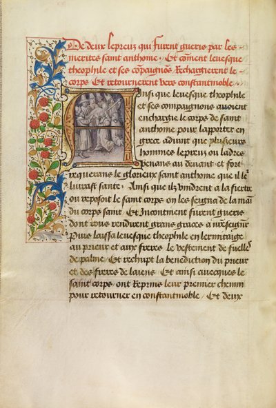 Inicial A: O corpo de Santo António transportado para Constantinopla e a cura de dois leprosos que tocaram no corpo do santo de Master of the Brussels Romuléon