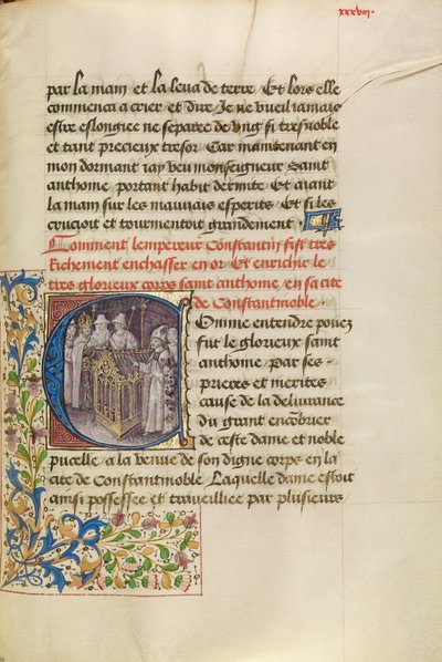 Inicial C: O imperador de Constantinopla consagrando o corpo de Santo António de Master of the Brussels Romuléon