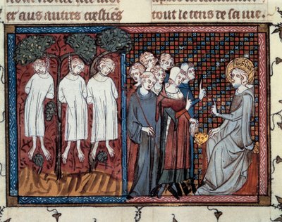 Execuções ordenadas por Enguerrand IV de Coucy. Luís IX a fazer justiça. Miniatura de Mahiet em "Vida e milagres de São Luís", manuscrito de Guillaume De Saint Pathus. de Master of the Cambrai Missal Mahiet