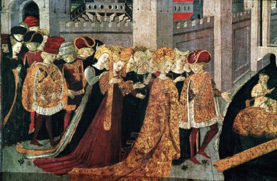 Decameron de Boccaccio (Jean Boccaccio): o Chatelain Pericone recebe Alatiel, filha do sultão da Babilónia Beminedab e a sua suite na ilha de Maiorca (Pericone da Visalgo recebe Alatiel, filha de Beminedab, o sultão da Babilónia, em hi de Master of the Cassoni