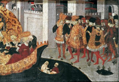 Decameron de Boccaccio (Jean Boccaccio): o Chatelain Pericone recebe Alatiel, filha do sultão da Babilónia Beminedab e a sua suite na ilha de Maiorca (Pericone da Visalgo recebe Alatiel, filha de Beminedab, o sultão da Babilónia, em hi de Master of the Cassoni