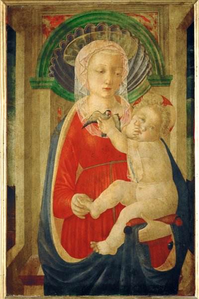 Nossa Senhora e o menino com um pintassilgo ... de Master of the Castello Nativity