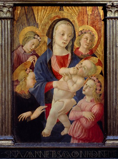A virgem e a criança rodeadas por quatro anjos. Pintura do Mestre da Natividade de Castello Ec. Ital. de Master of the Castello Nativity
