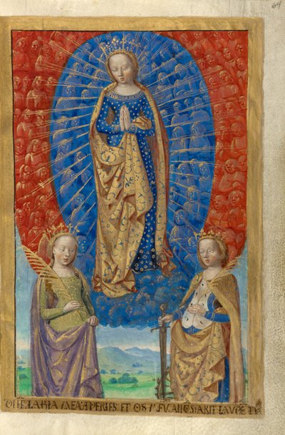 A Virgem numa nuvem de anjos, com as Santas Bárbara e Catarina de Master of the Chronique scandaleuse
