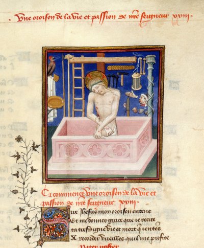 Detalhe de uma miniatura de Cristo como o Homem das Dores no início de uma oração a Cristo, Harley 4431, f.257, de 