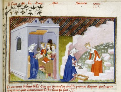 Harley 4431, f.290, Detalhe de uma miniatura de Christine antes das personificações de Razão, Rectidão e Justiça e Christine com Razão construindo a Cité des Dames (vellum) de Master of the Cité des Dames