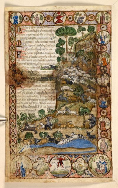 Adicionar. 28841, f.1v: Bordas geométricas de página inteira de rombóides, rodelas e quadrifólios habitados por animais e cenas figurativas: Pastores cuidando de ovelhas e cabras e lutando contra lobos, um diabo vermelho montado a cavalo na borda, de um de de Master of the Cocharelli Codex