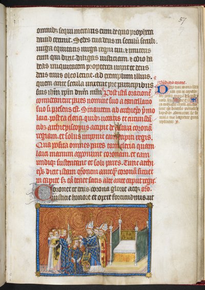 Cotton Tiberius B.VIII f.59 O Arcebispo de Reims colocando a coroa na cabeça do Rei, de 