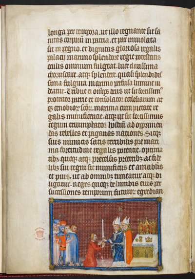 Algodão Tibério B. VIII f.49v O Arcebispo de Reims devolvendo a espada ao Rei, ilustração de 