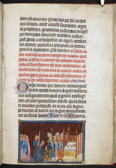 Cotton Tibério B. VIII f.56r O Arcebispo de Reims bênção das luvas do Rei, de 