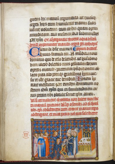 Algodão Tibério B. VIII f.56v, O Arcebispo de Reims colocando as luvas nas mãos do Rei, do 