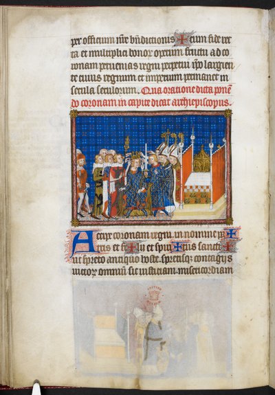 Algodão Tibério B. VIII f.59v Os Pares da França sustentando a Coroa, ilustração do 