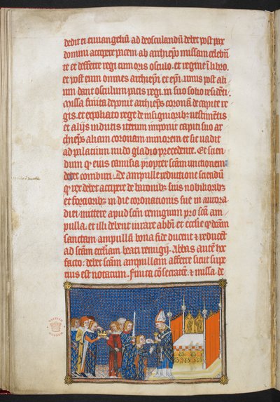 Algodão Tibério B. VIII f.65v Rei Carlos V ajoelhado enquanto o Arcebispo de Reims coloca a hóstia da comunhão em sua boca, ilustração do 