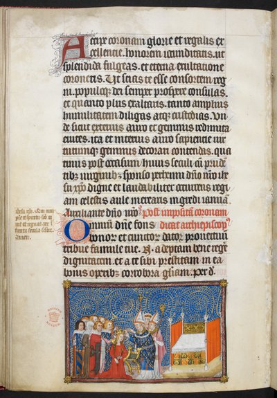 Cotton Tibério B. VIII f.69v O Arcebispo de Reims colocando a coroa na cabeça da rainha e os barões sustentando sua coroa, ilustração de 
