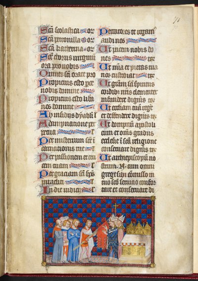 Cotton Tiberius B. VIII f.73r, O Arcebispo de Reims abençoando a Oriflamme, ilustração do 