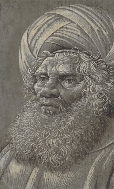 Cabeça de homem barbudo de turbante reto, verso em escrita latina, ca. 1510. de Master of the Death of Absalom