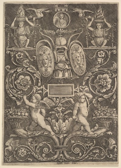 Um painel de ornamento, putti de pé sobre cornucópia na secção inferior, 1530-60. de Master of the Die