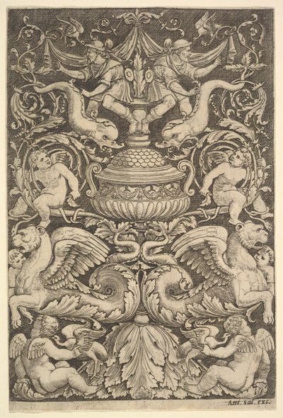 Um painel de ornamento com um grande jarro no centro, putti e outras figuras, 1530-60. de Master of the Die