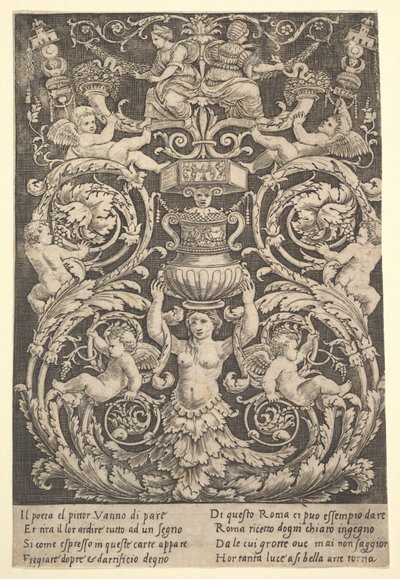 Um painel de ornamento com uma mulher segurando um vaso no centro, 1532. de Master of the Die