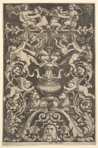 Um painel de ornamento com putti, cabra e outras figuras, 1530-60. de Master of the Die