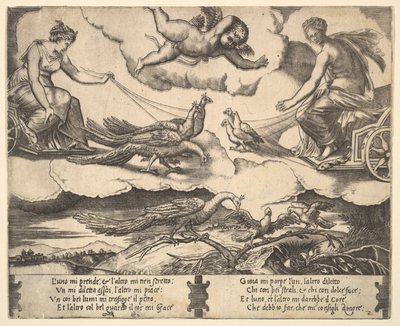 Alegoria de Casamento e Amor, Juno numa carruagem desenhada por pavões à esquerda, Vénus numa ..., 1530-60. de Master of the Die