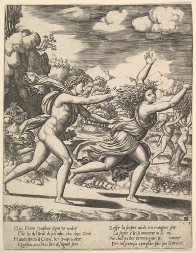 Apollo a perseguir a Daphne que levanta os braços, no fundo à direita mostra o mome..., 1530-60. de Master of the Die
