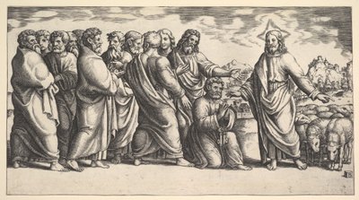 Cristo à esquerda indicando para um rebanho de ovelhas, antes que se ajoelhe São Pedro Hol..., 1530-60. de Master of the Die