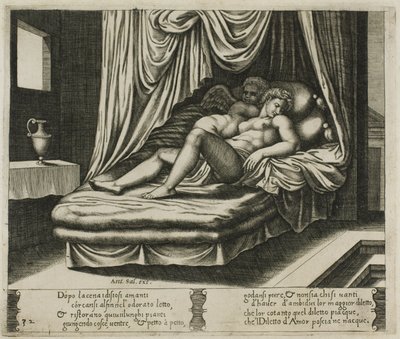 Cupido e Psique juntos na cama nupcial de Master of the Die
